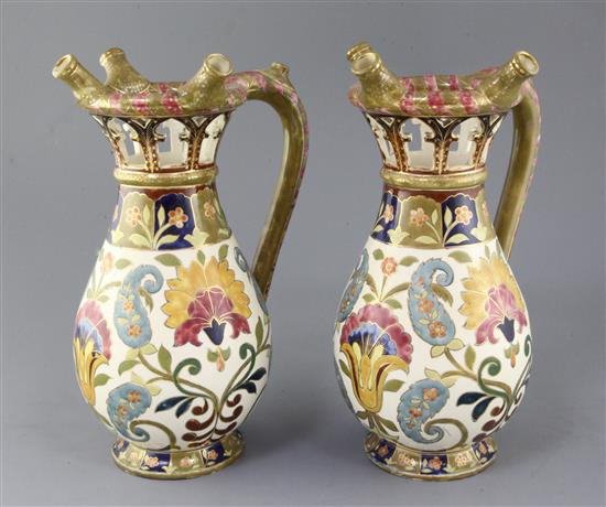 A pair of J.Fischer, Budapest pottery puzzle jugs, late 19th century, height 34cm